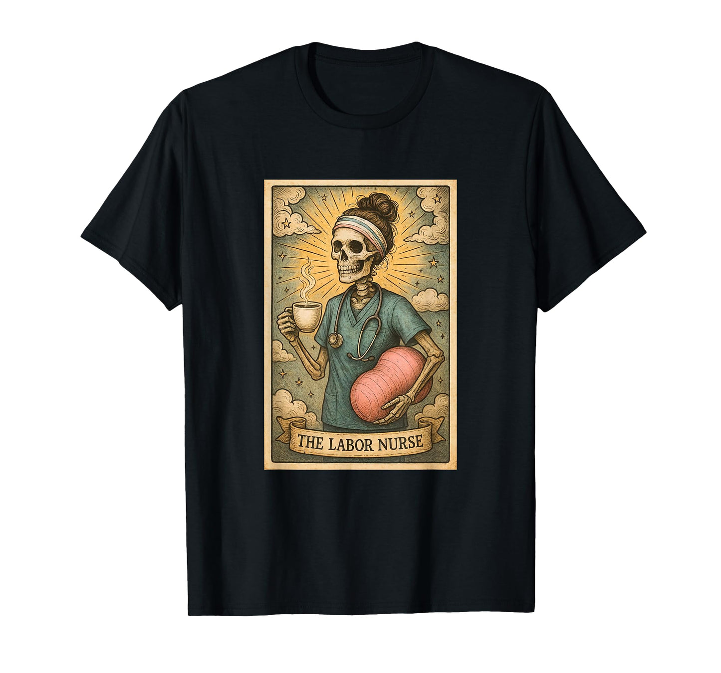 Labor and Delivery Nurse Tarot Card Skeleton Flying Cowgirl T-Shirt