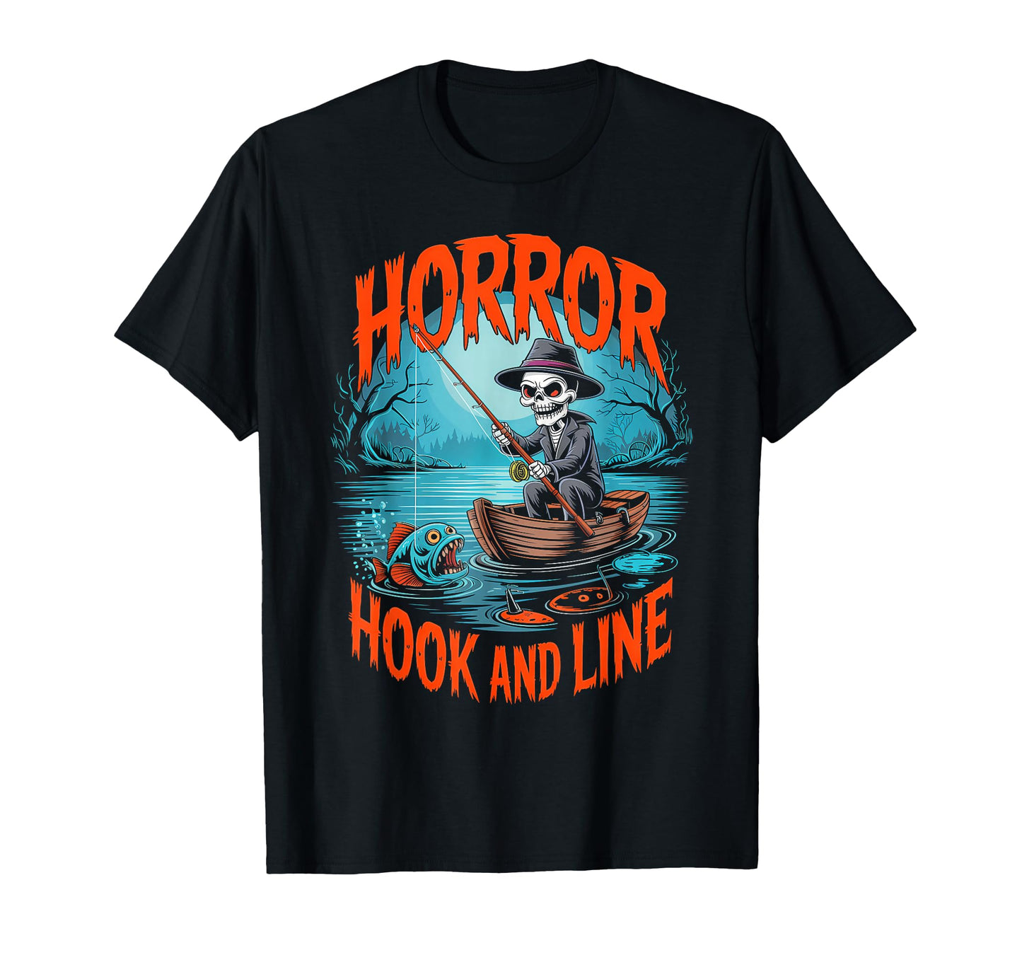Horror Hook and Line Fishing Skeletons Halloween Fishermen T-Shirt