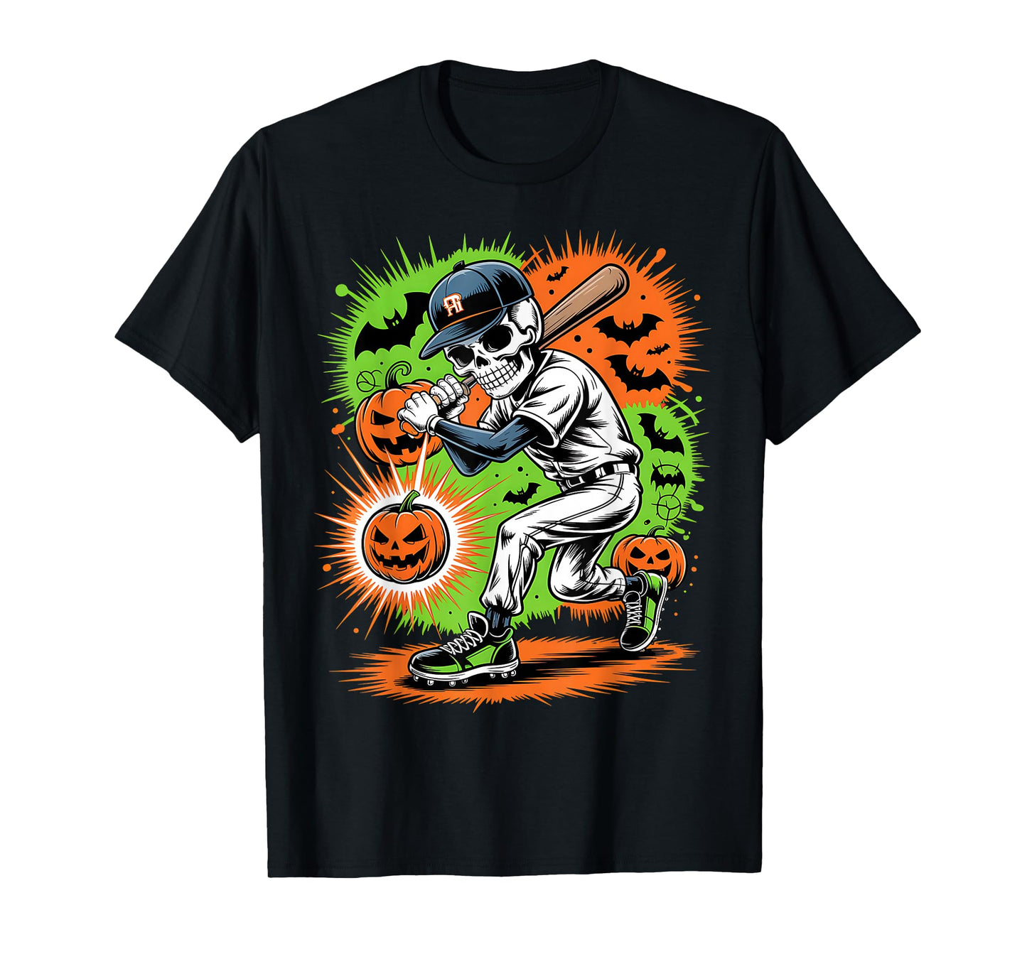 Skeleton Baseball Halloween Pumpkin Hitter Sport Costume T-Shirt