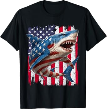 Retro Shark American Flag 4th of July Independence day T-Shirt