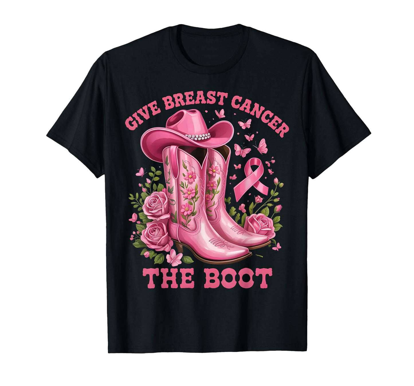 Give Breast Cancer The Boot Cowgirl Cancer Awareness Ribbon T-Shirt