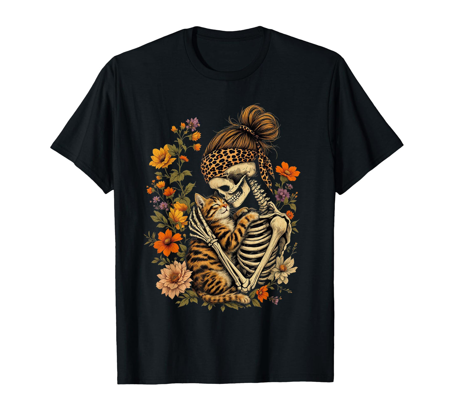 Skeleton Hugging Cat Floral Halloween Cat Lover Mom Costume T-Shirt