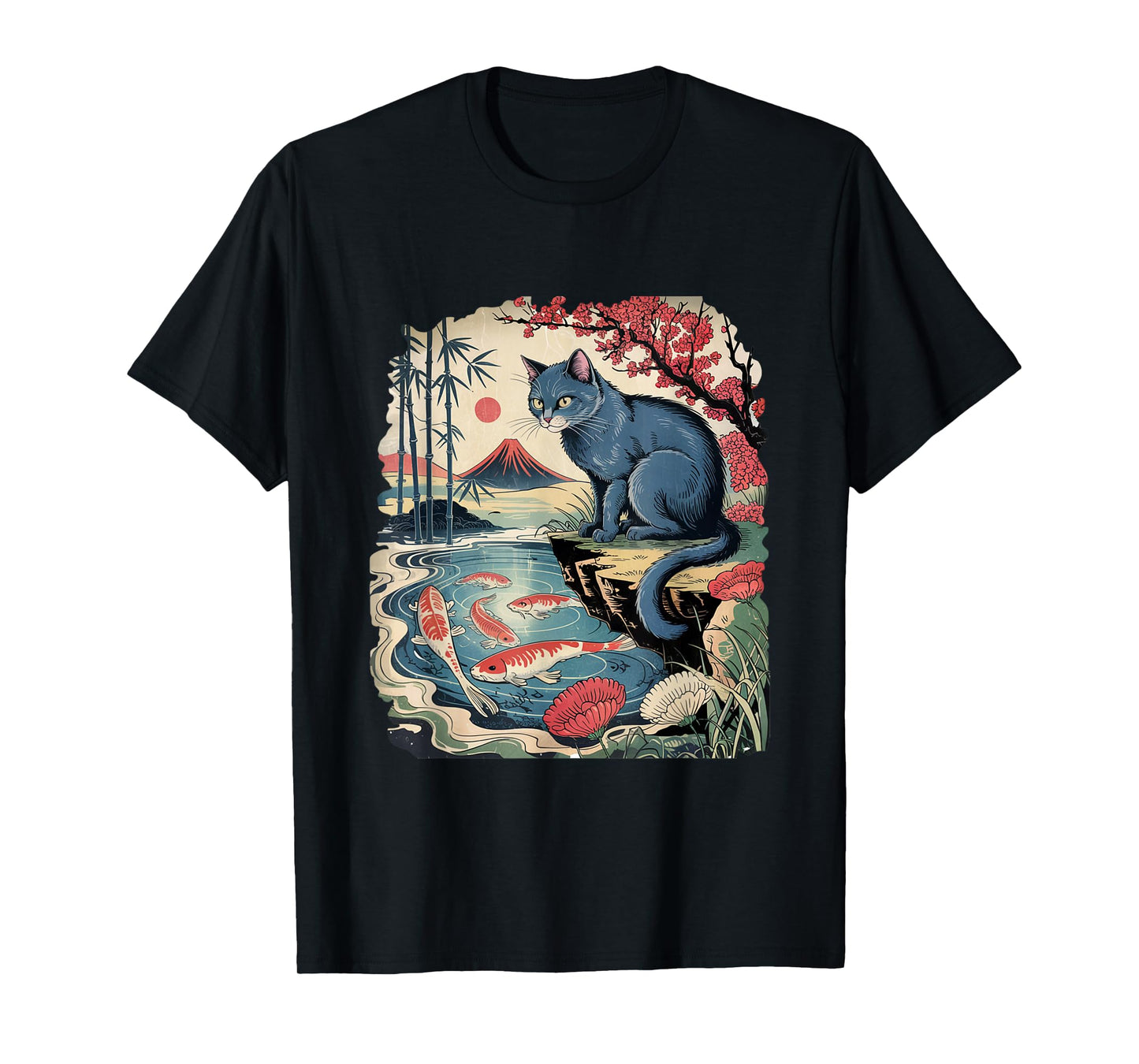 Russian Blue Cat Koi Fish Pond Japanese Ukiyo-e Woodblock T-Shirt