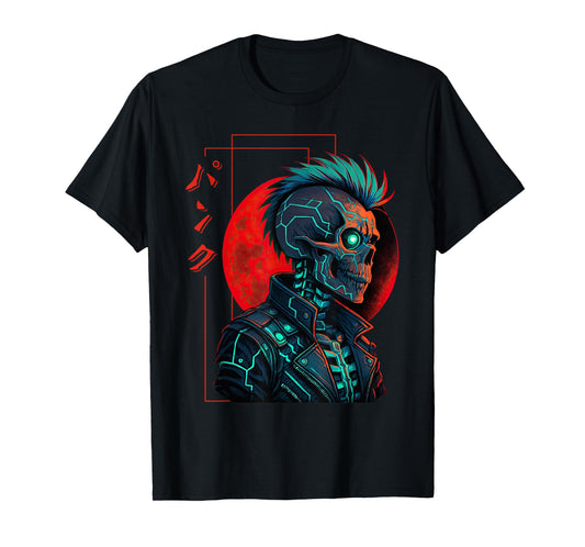 Cyber Skeleton Cyborg Japanese Retro Futurism Gamer T-Shirt