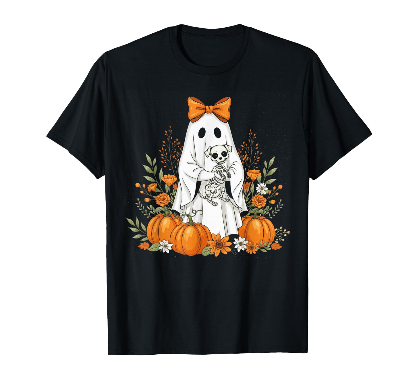 Halloween Ghost and Skeleton Dog Floral Spooky Ghosts Goth T-Shirt