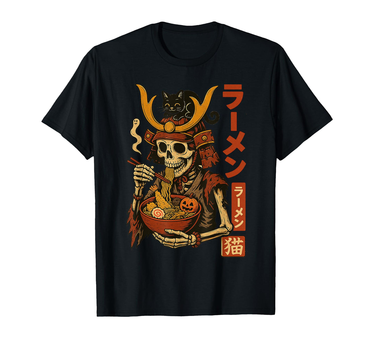 Samurai Skeleton Eating Ramen with Black Cat Japanese T-Shirt