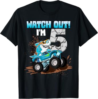 5 Years Old 5th Birthday Shark Boy Girl Monster Truck Gamer T-Shirt