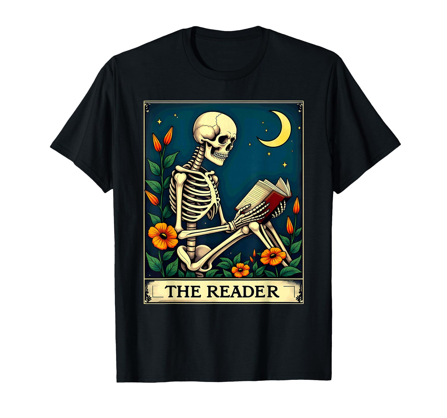 Floral Tarot Card The Reader Skeleton Bookworm Librarian T-Shirt