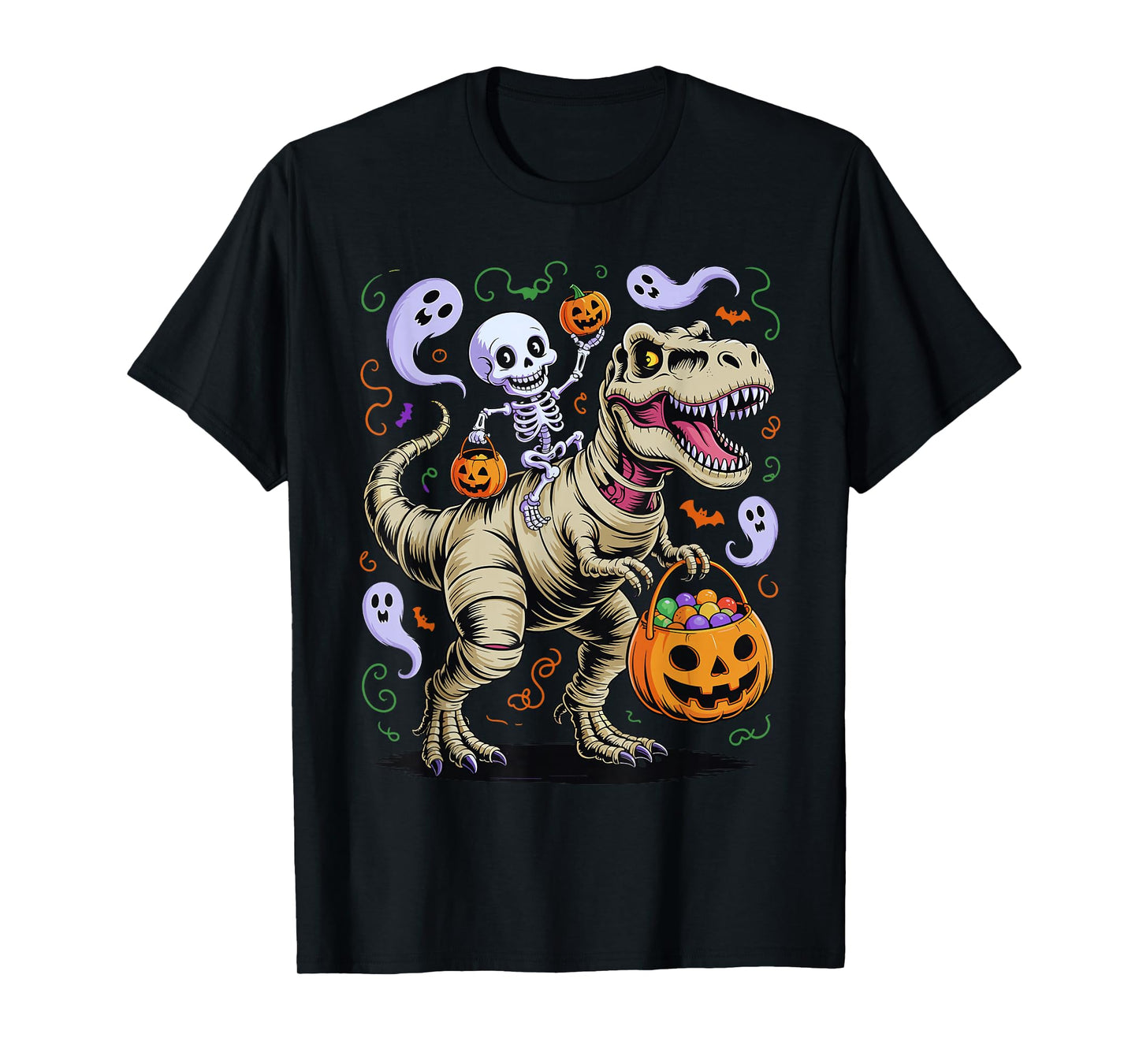 Funny Skeleton on Mummy T Rex with Pumpkin Candy Ghosts T-Shirt