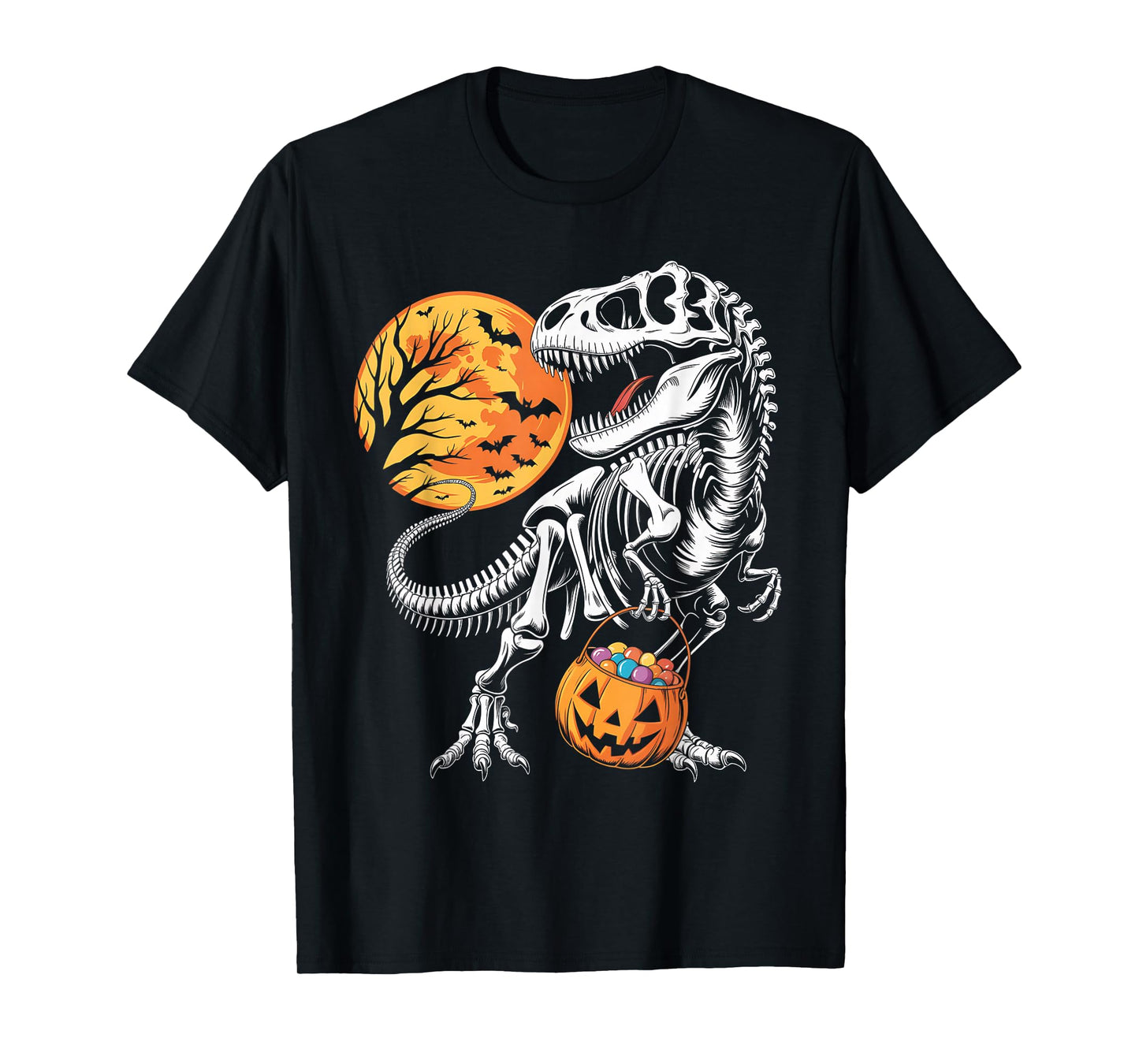 Funny Dinosaur Skeleton Scary Pumpkin Moon Halloween T-Shirt
