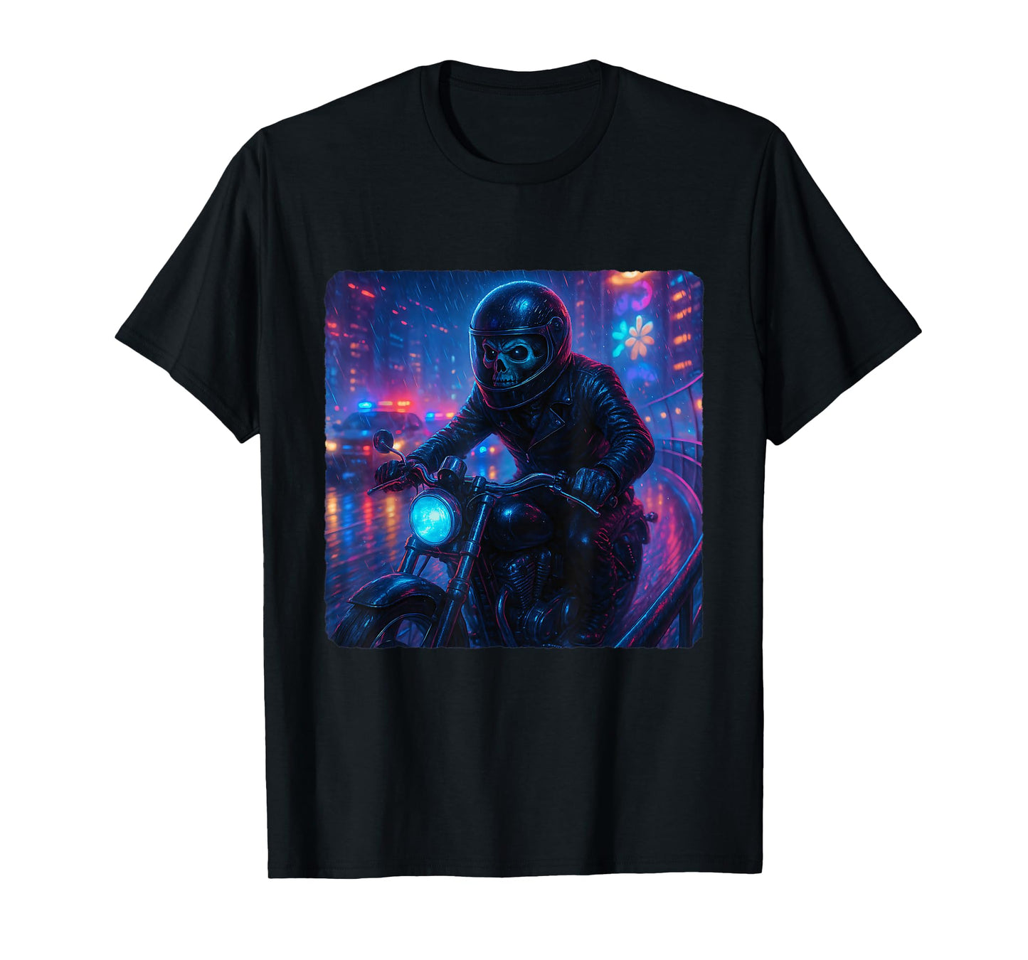 Skeleton Cyberpunk Rider Motorcycle Biker Synthwave T-Shirt