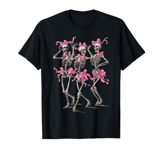 Dancing Skeleton Coquette Pink Bow Shirt Halloween Spooky T-Shirt
