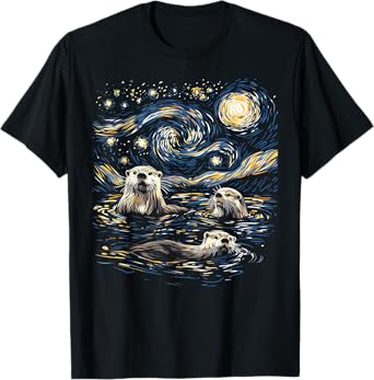 Three River Otters Van Gogh Starry Night River Otters Lover T-Shirt