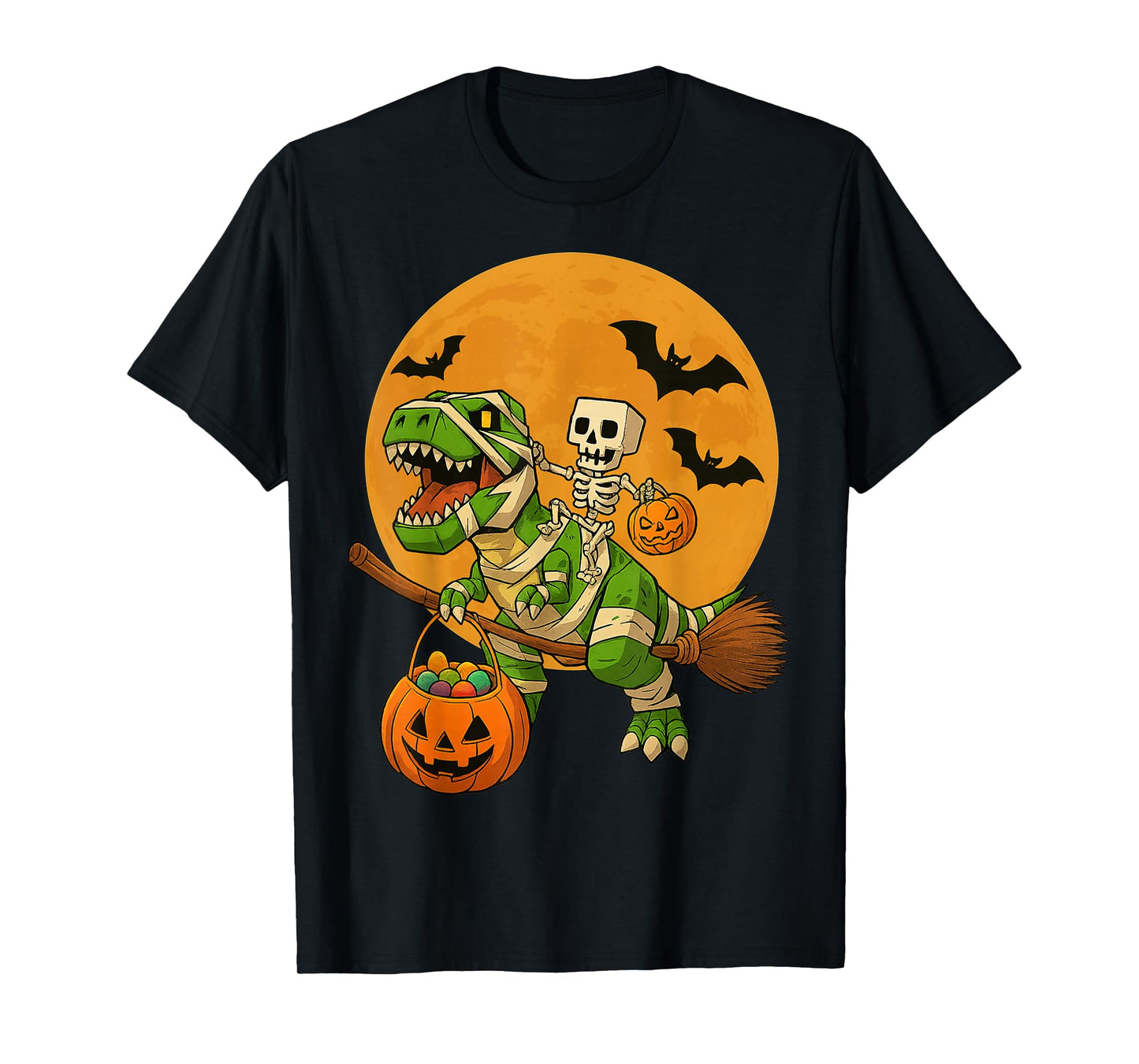 Skeleton Dinosaur T rex Boys Kids Funny Halloween Pumpkin T-Shirt