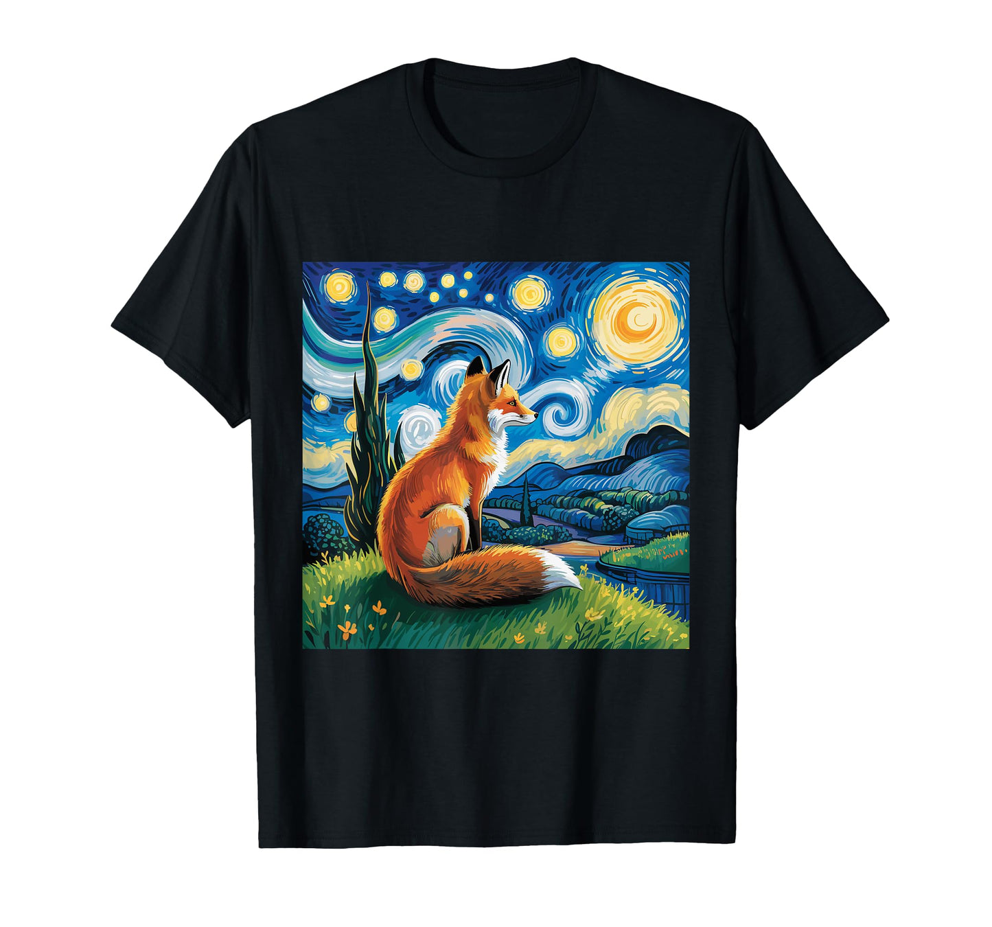 Fox Starry Night Van Gogh Dreamy Animal Night Sky T-Shirt