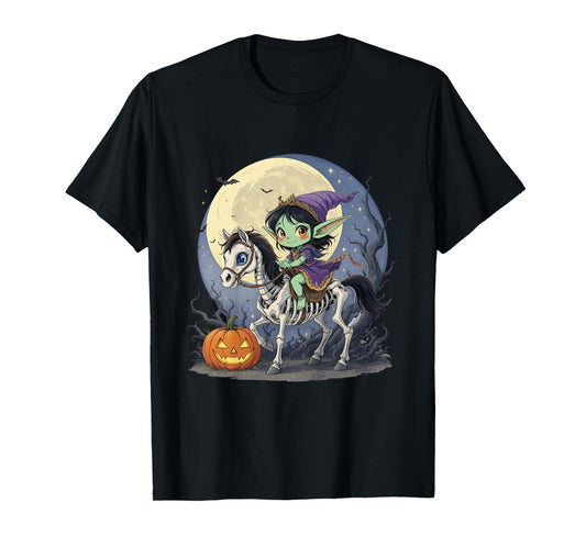 Dark Elf Goblin Troll Girl Riding Horse Skeleton Halloween T-Shirt
