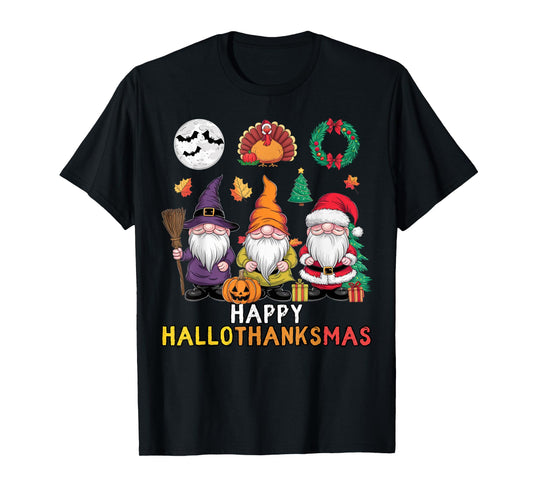 Happy Hallothanksmas Christmas Halloween Gnomes Thanksgiving T-Shirt