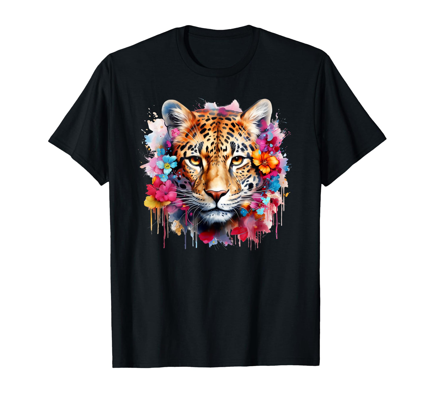 Colorful Leopard Portrait Flowers Floral Leopard Watercolor T-Shirt