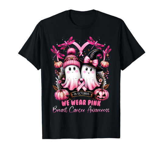 in October We Wear Pink Ghost Witch Breast Cancer Awareness T-Shirt