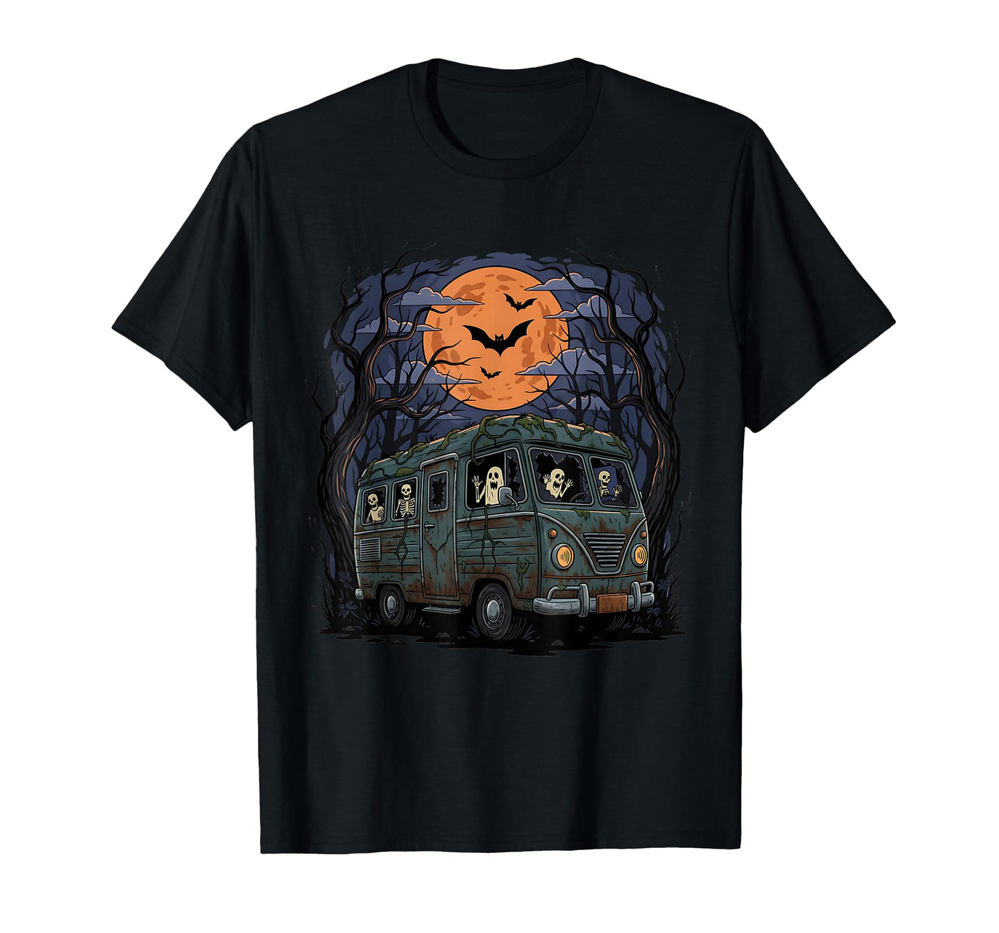 Haunted Camper RV Van Funny Halloween Skeleton Ghost Trip T-Shirt