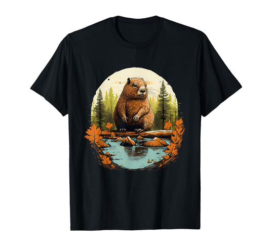Beaver Wildlife Nature Animal Lover Artwork Forest Motif T-Shirt