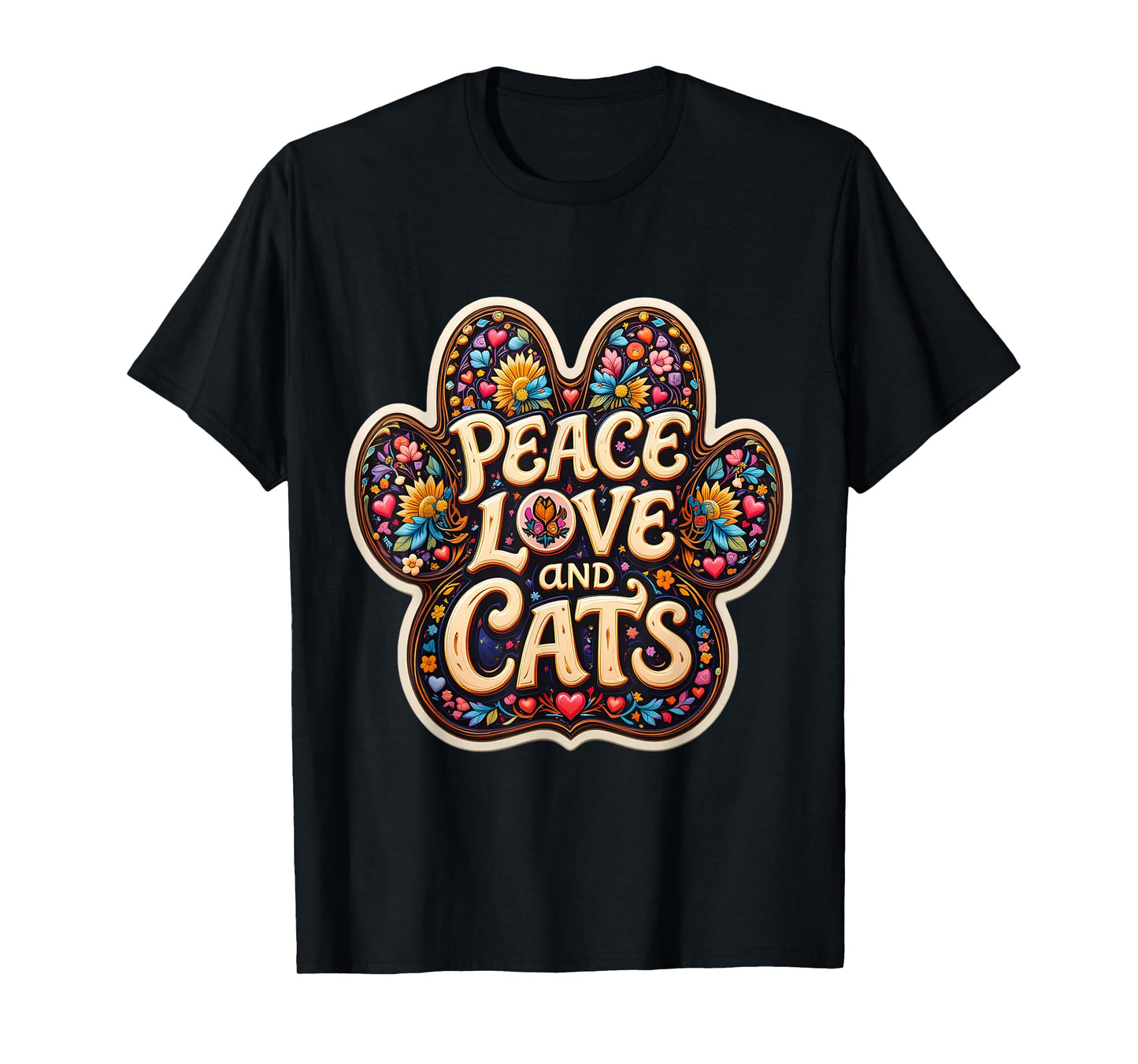 Peace Love And Cats Lover Owner Paw Vintage Hippy Floral Sun T-Shirt