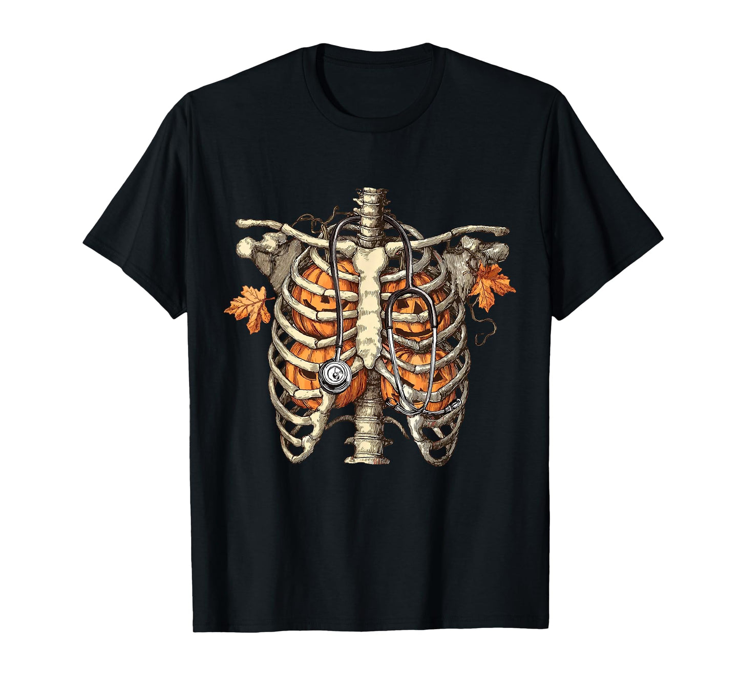 Pumpkin Rib Cage Skeleton Halloween Nurse Spooky Stethoscope T-Shirt