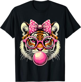 Tiger with Glasses Bubblegum and Bow T-Shirt