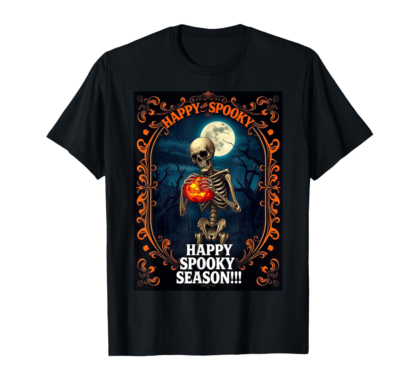 Skeleton Holding Pumpkin Lantern with Full Moon and Spooky F T-Shirt