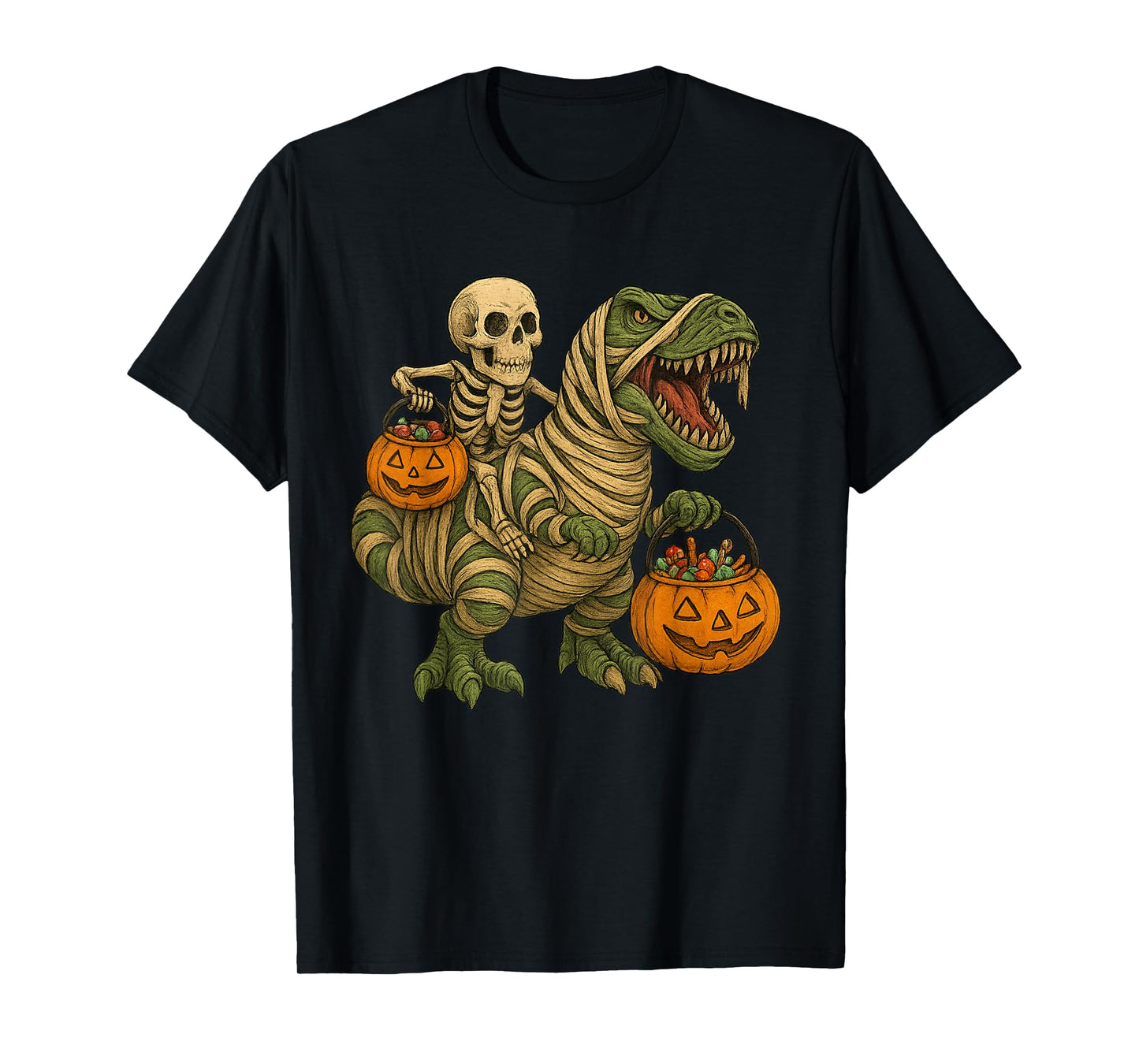 Skeleton Riding Mummy Dinosaur T Rex Halloween Funny Pumpkin T-Shirt