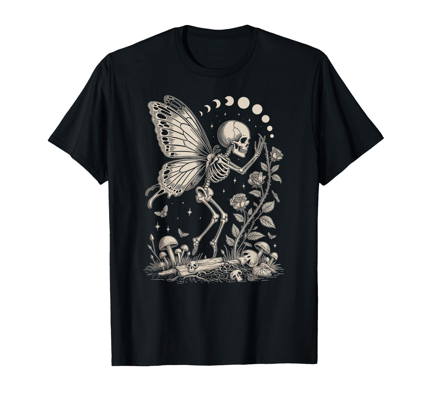 Skeleton Fairy with Roses Mushrooms and Moons T-Shirt