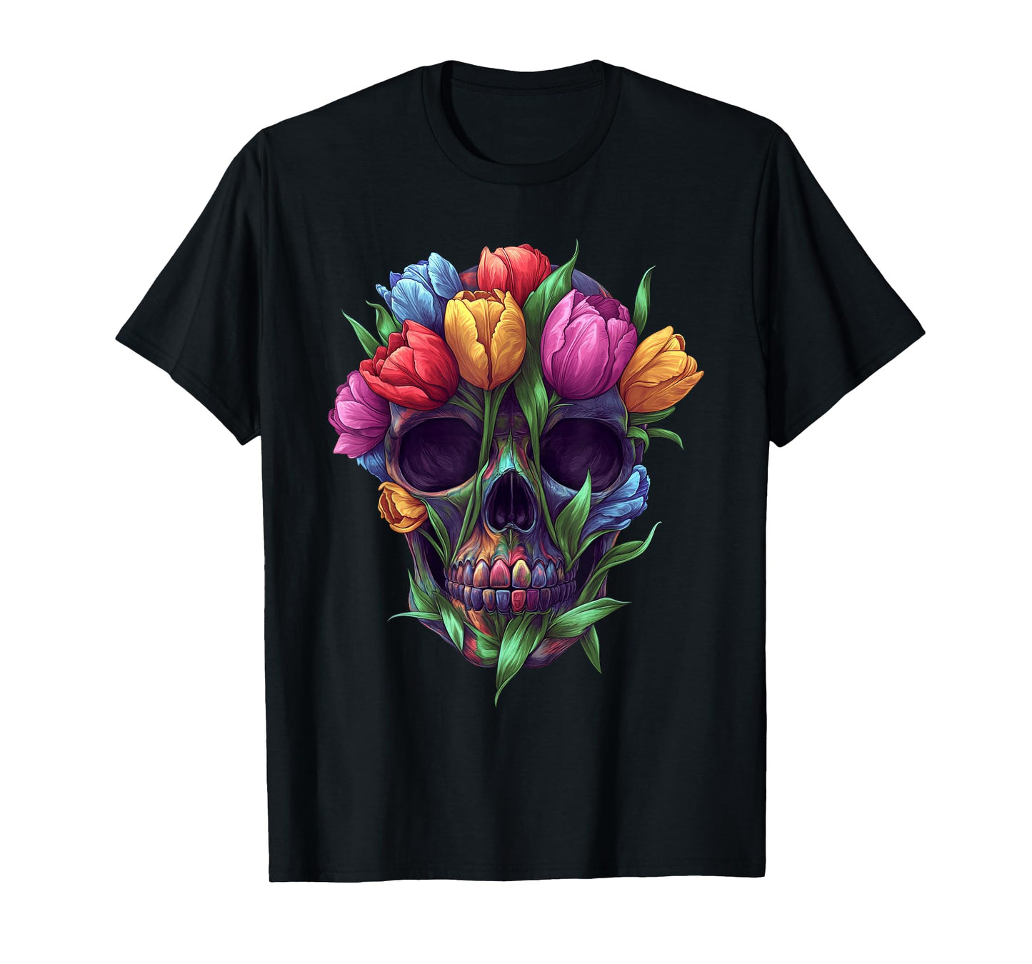 Tulips Skeleton Skull Flower Nature Gardening T-Shirt