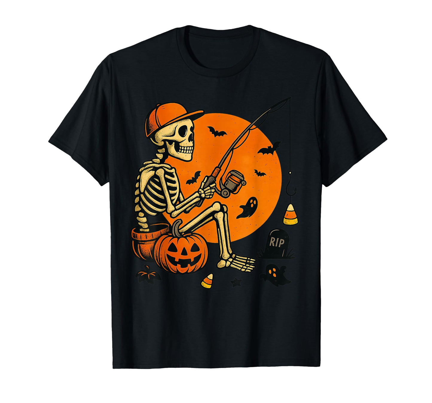 Skeleton Fishing Halloween Retro Moon Apparel Outfit T-Shirt