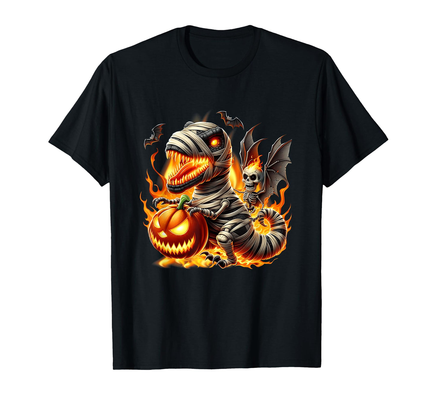Spooky Skeleton Riding Dinosaur T-Rex Halloween Pumpkin T-Shirt