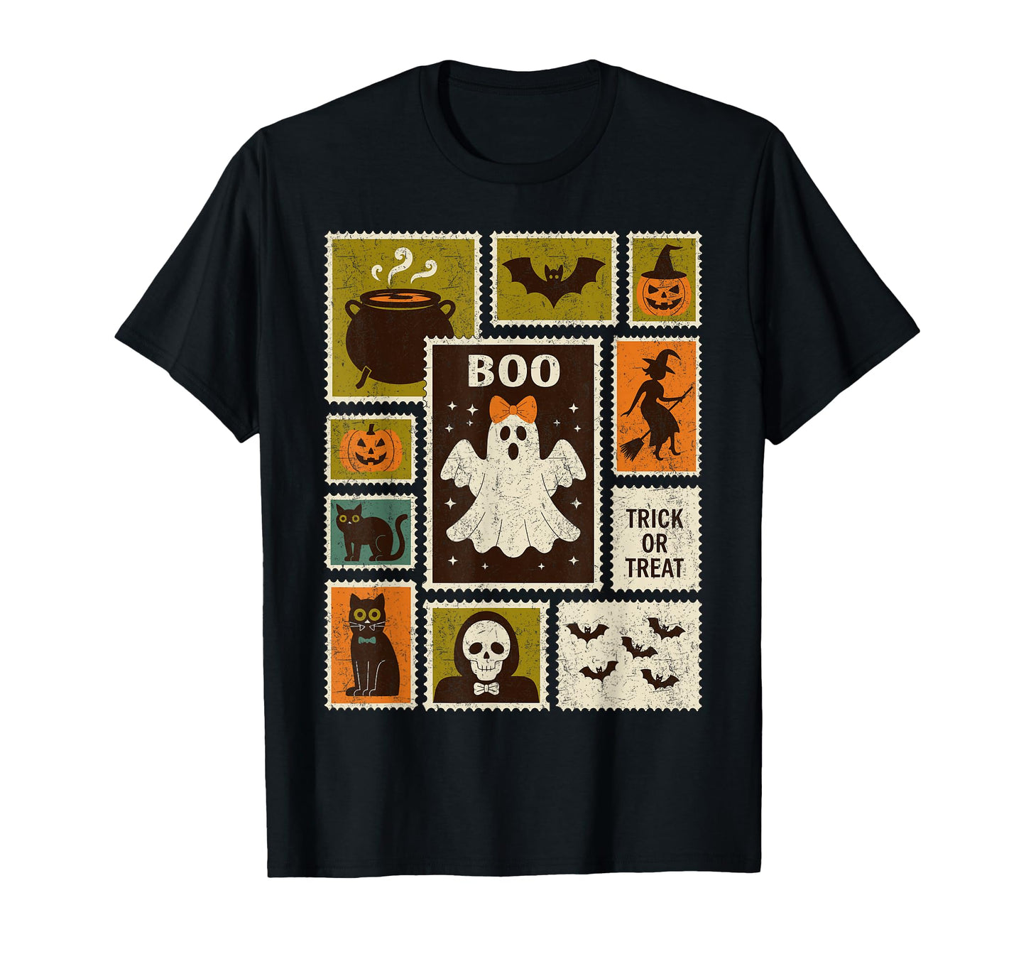 Halloween Stamps Spooky Pumpkin Ghost Cat Witch Skeleton T-Shirt