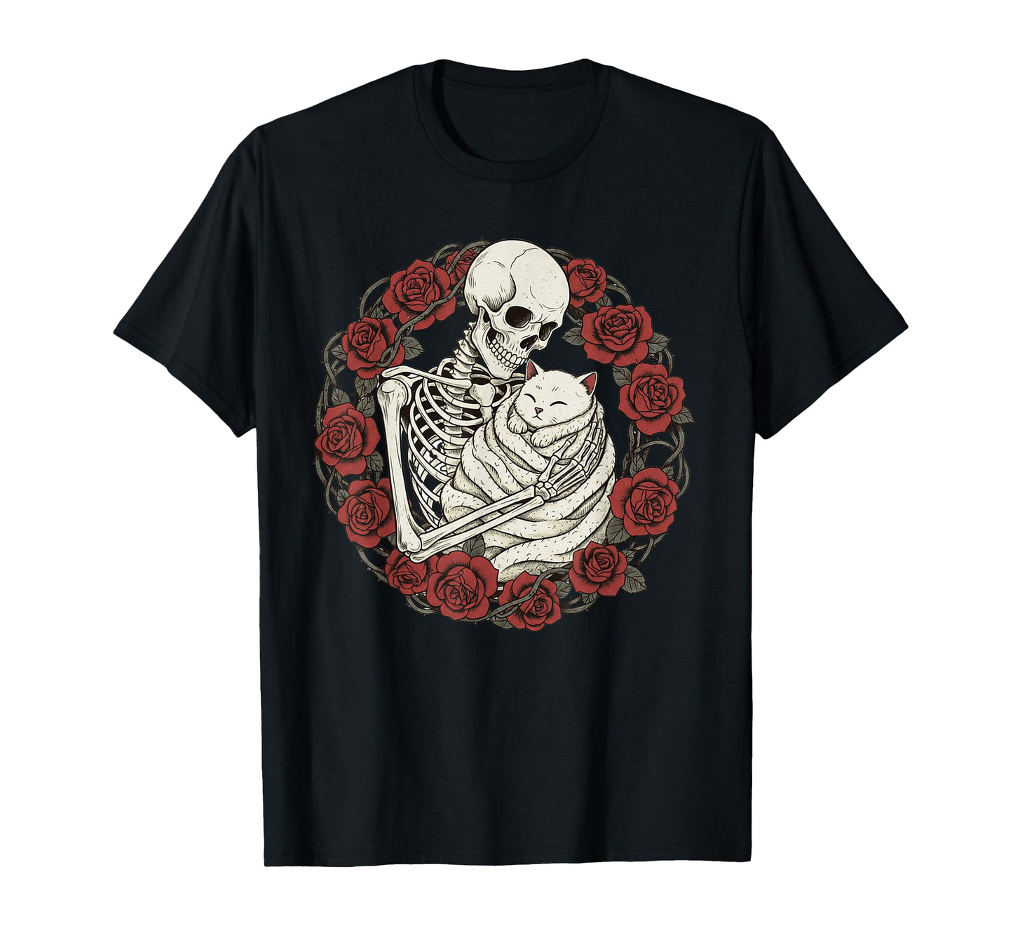 Skeleton Hugging Cat Gothic Floral Creepy Cute Halloween T-Shirt
