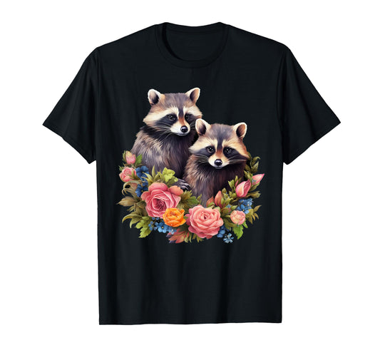 Cute Cottagecore Raccoons Flowers Raccoon Lover T-Shirt