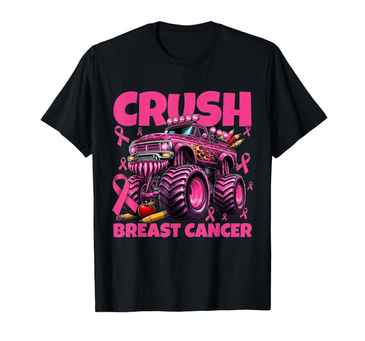 Crush Breast Cancer Awareness Kids Monster Truck Pink Ribbon T-Shirt