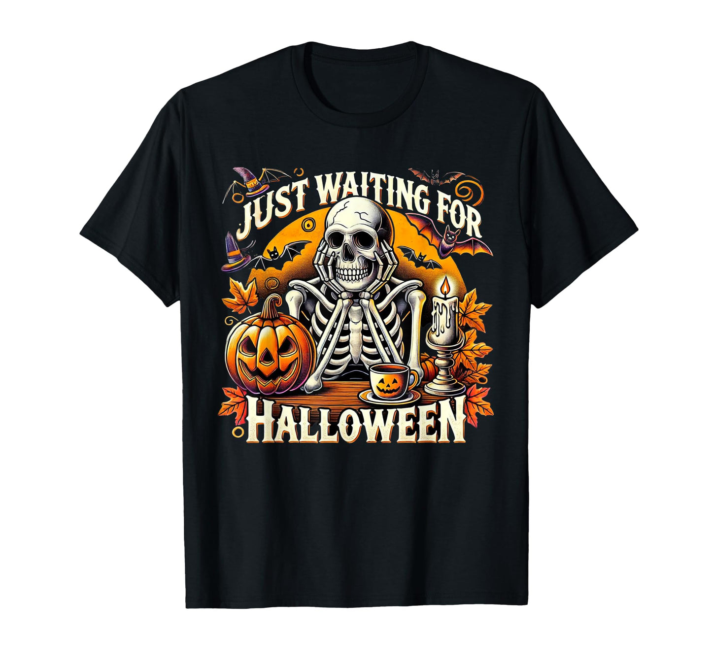Just Waiting for Halloween Skeleton Coffee Spooky Season T-Shirt