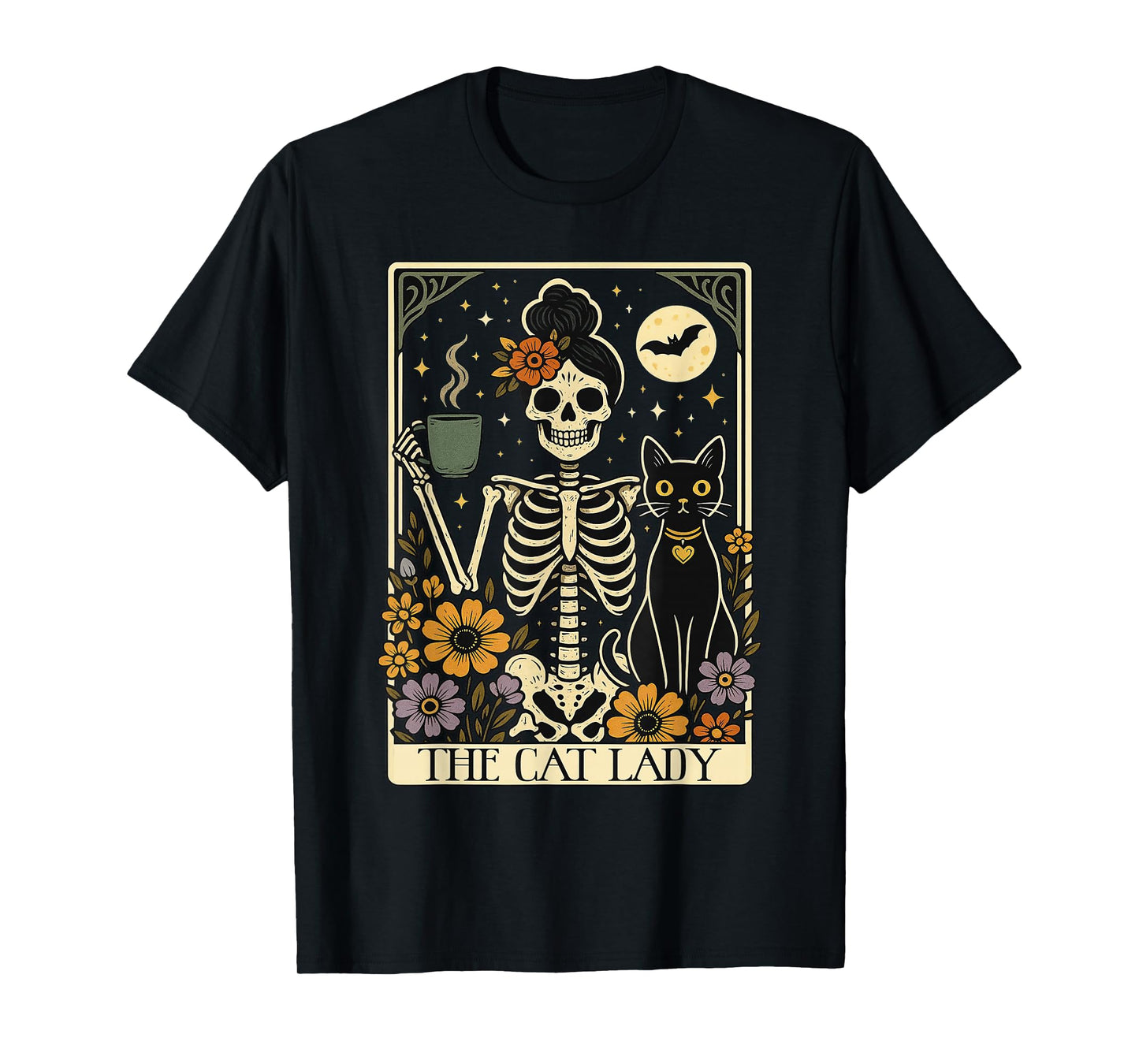 Mystic Skeleton The Cat Lady with Coffee Tarot Card Vibes T-Shirt