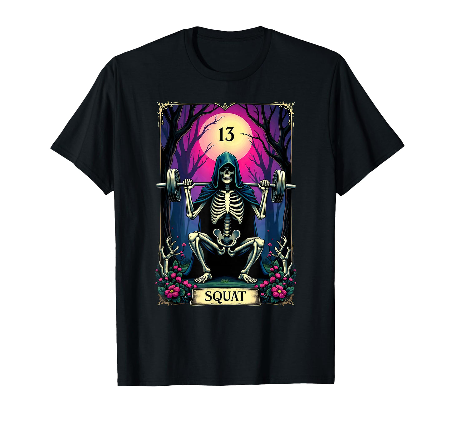Gothic Tarot Card Skeleton Squat Weightlifting T-Shirt