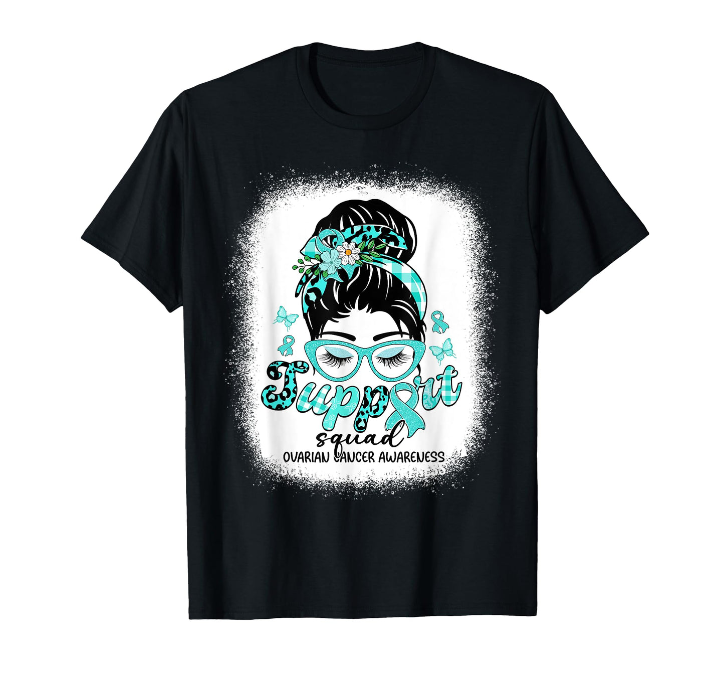 Support Squad Messy Bun Women Ovarian Cancer Awareness T-Shirt