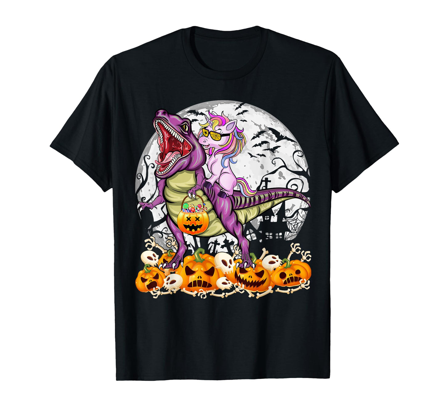 Unicorn Riding Dinosaur T rex Spooky Halloween Costume Girls T-Shirt