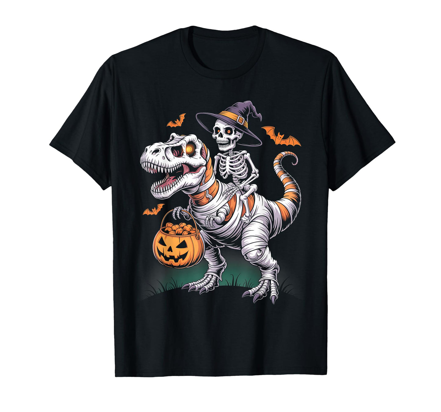 Funny Skeleton Riding Mummy Dinosaur Pumpkin Halloween T-Shirt