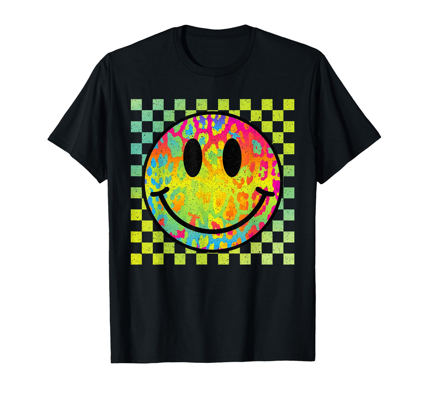 Retro Happy Face Tie Dye Checkered Pattern Smile Face Trendy T-Shirt