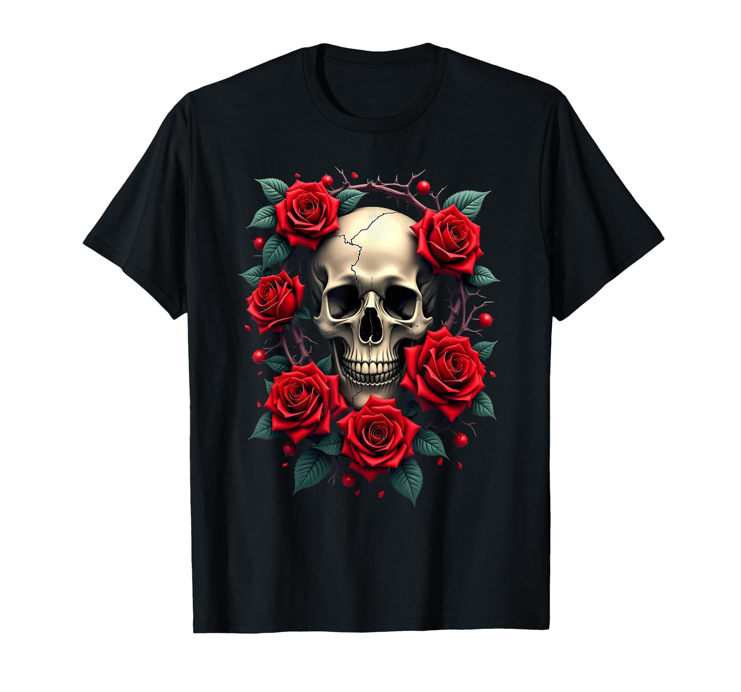 Red Rose Skeleton Skull Halloween T-Shirt