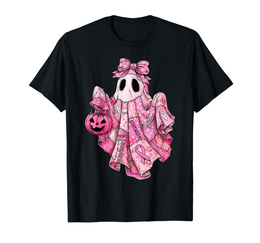 Breast Cancer Pink Ribbon Patchwork Ghost Halloween Women T-Shirt