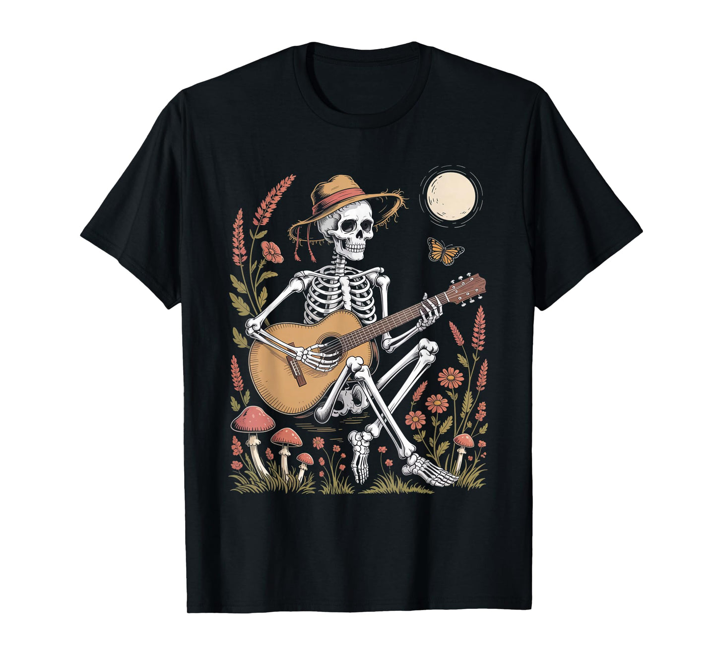 Skeleton Playing Guitar Under Moon Funny Spooky Folk Outfit T-Shirt