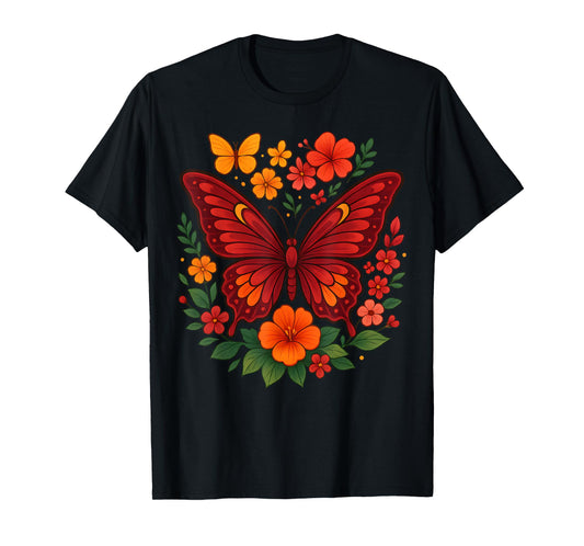 Beautiful Butterfly With Flowers Colorful Floral Aesthetic T-Shirt