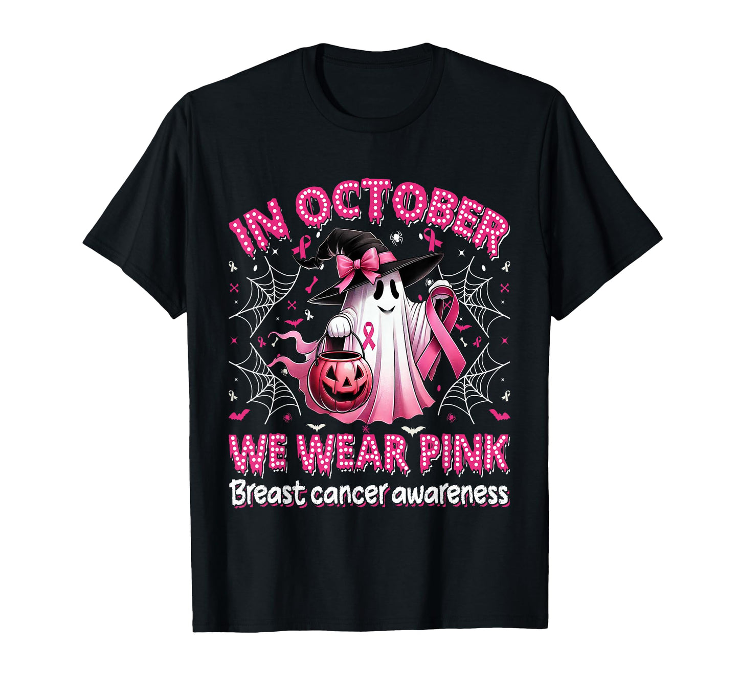 in October We Wear Pink Ghost Witch Breast Cancer Awareness T-Shirt